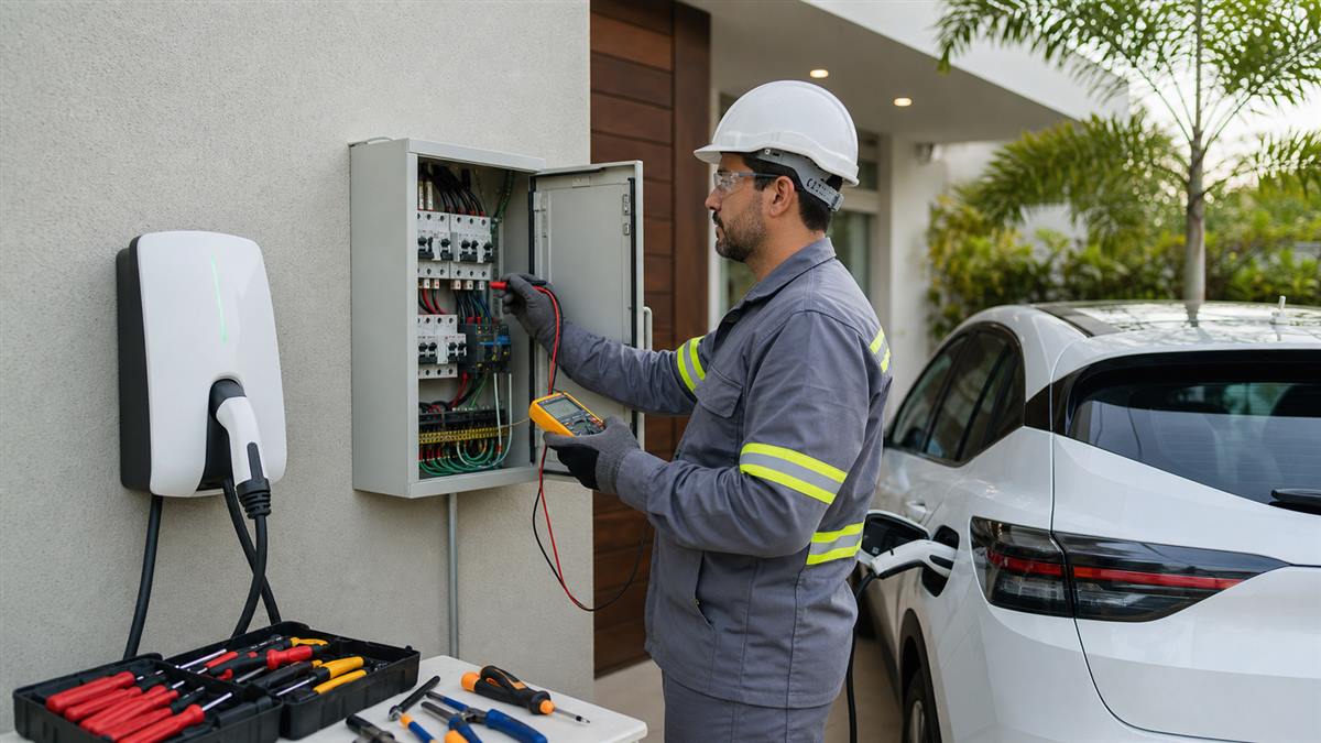 Eletricista verifica potência elétrica para carregador de carro elétrico