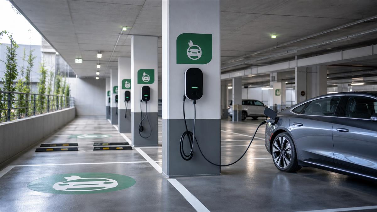 Estações de recarga para carros elétricos em garagem de condomínio
