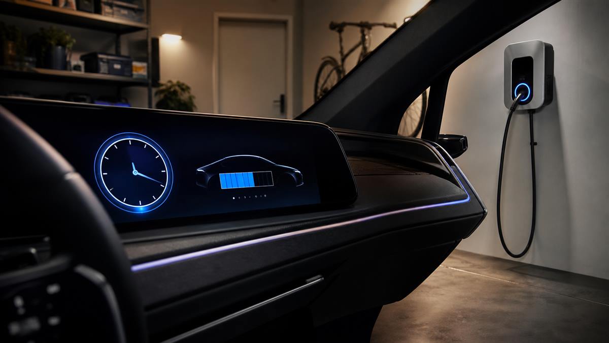 Painel de carro elétrico indicando o tempo de recarga da bateria