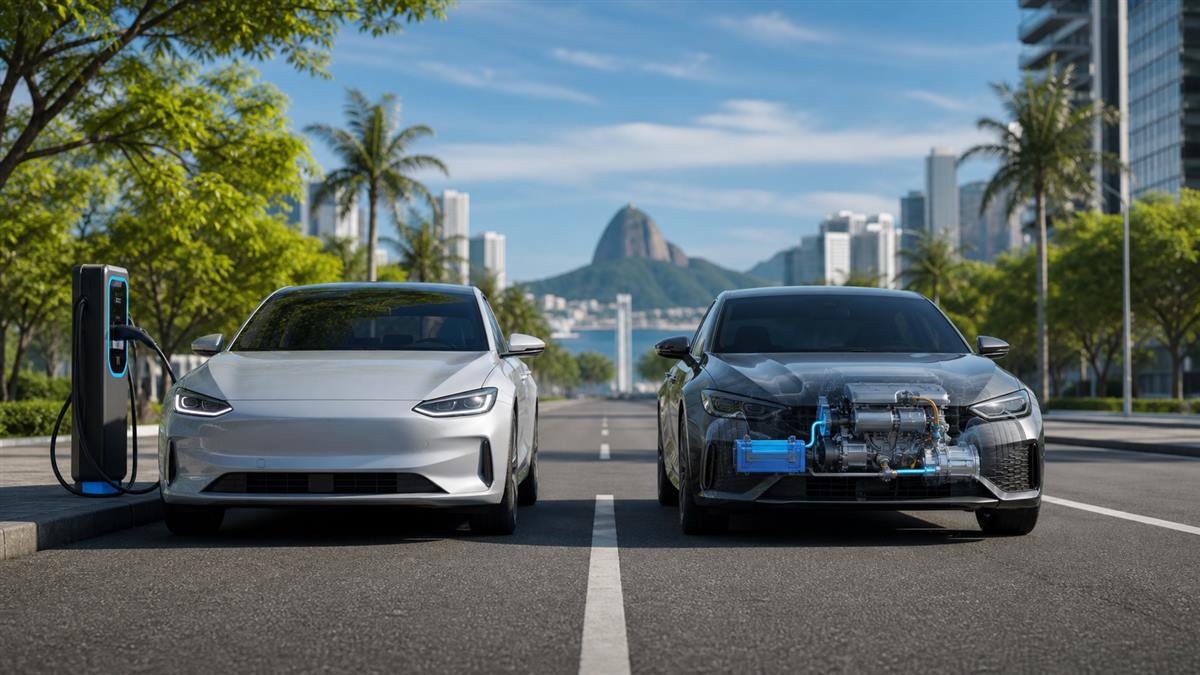 Carro elétrico e carro híbrido lado a lado para comparação