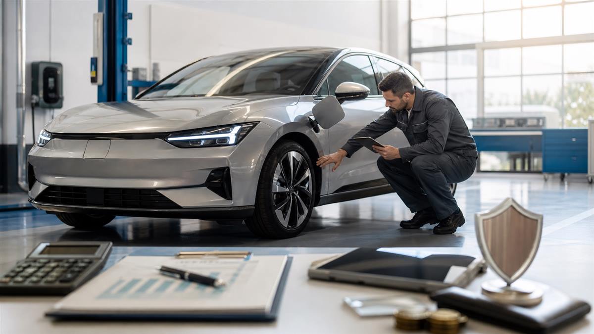 Inspeção de carro elétrico para avaliar seguro, manutenção e depreciação