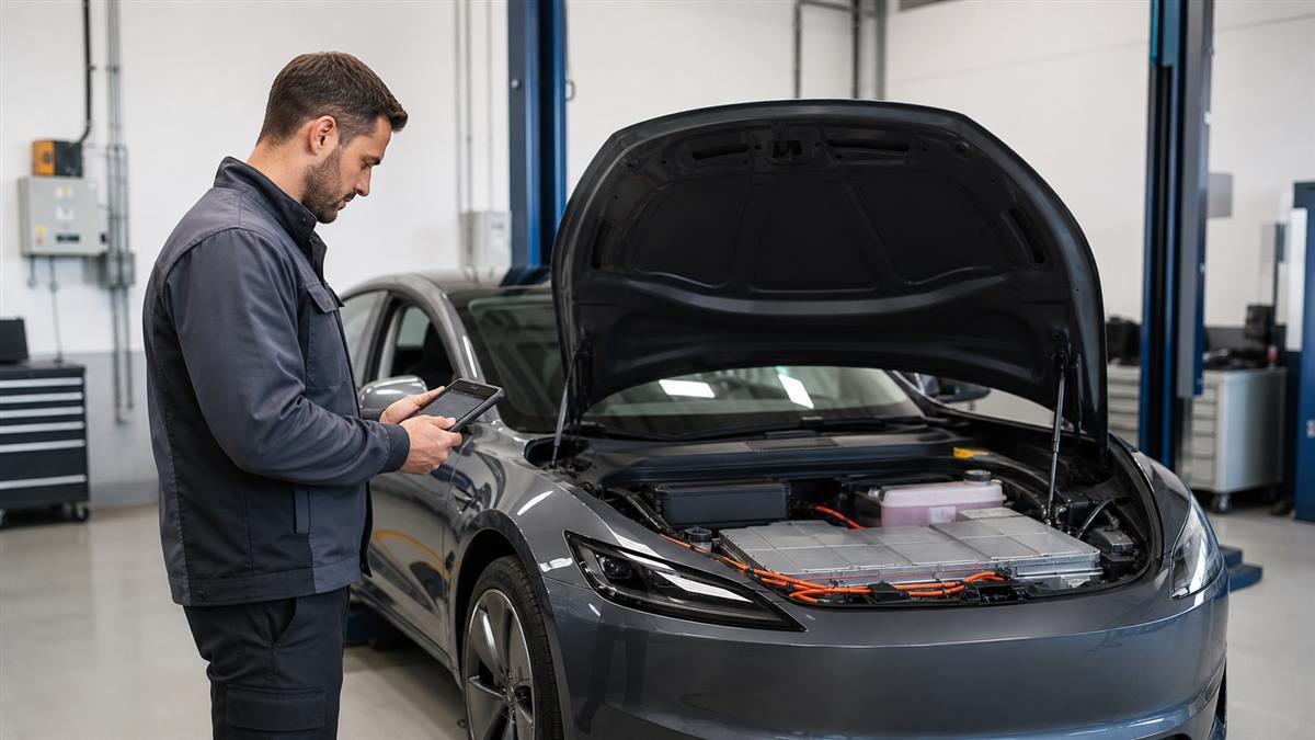 Técnico verifica sistema e garantia da bateria de carro elétrico