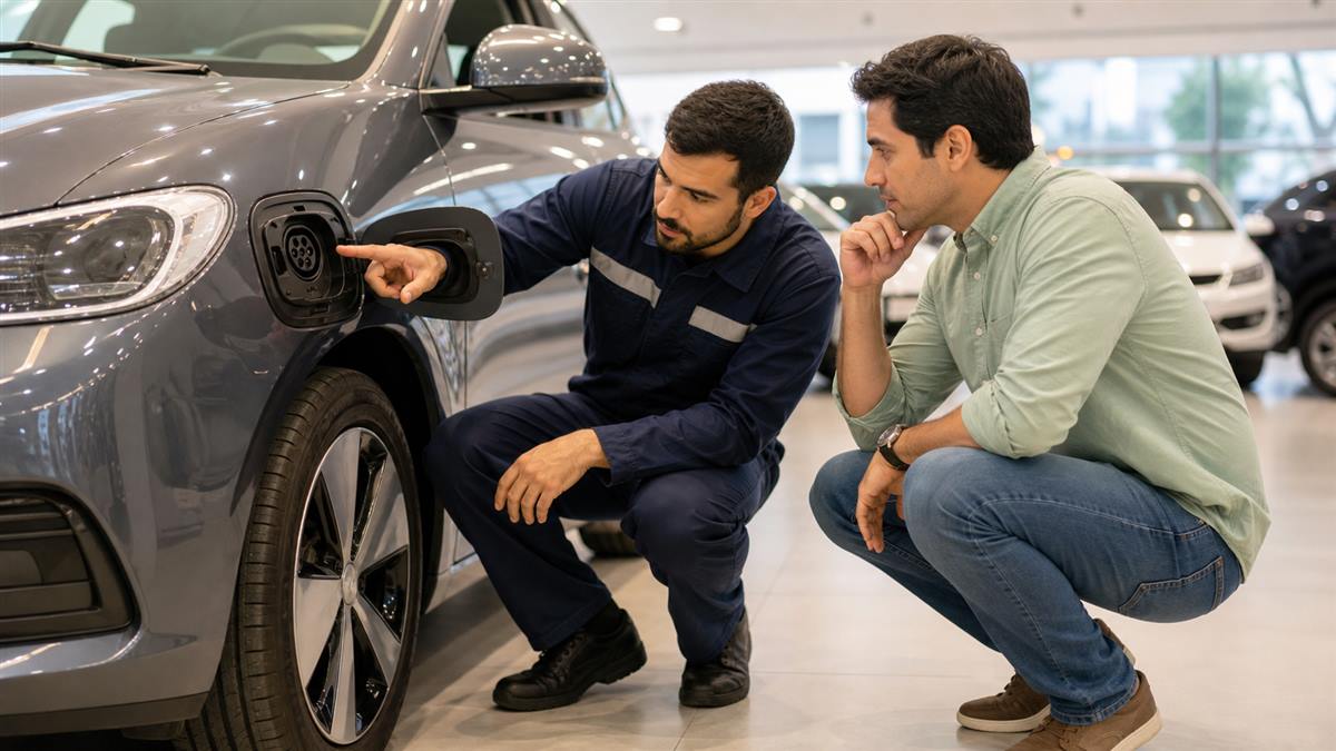 Comprador e técnico inspecionam carro elétrico usado