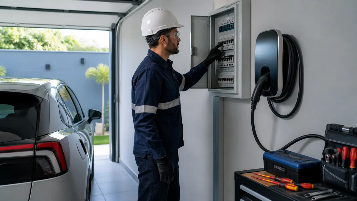 Eletricista verificando o quadro elétrico ao lado de um wallbox residencial