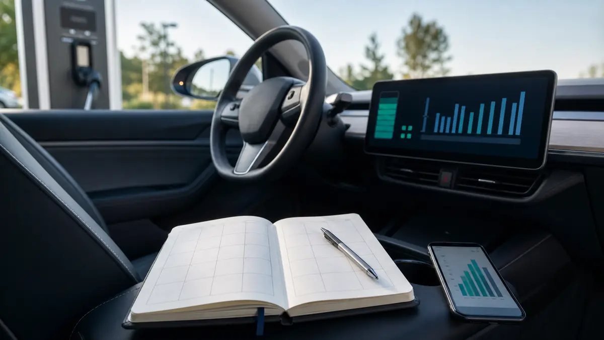 Painel de carro elétrico, caderno e gráficos usados para acompanhar o consumo